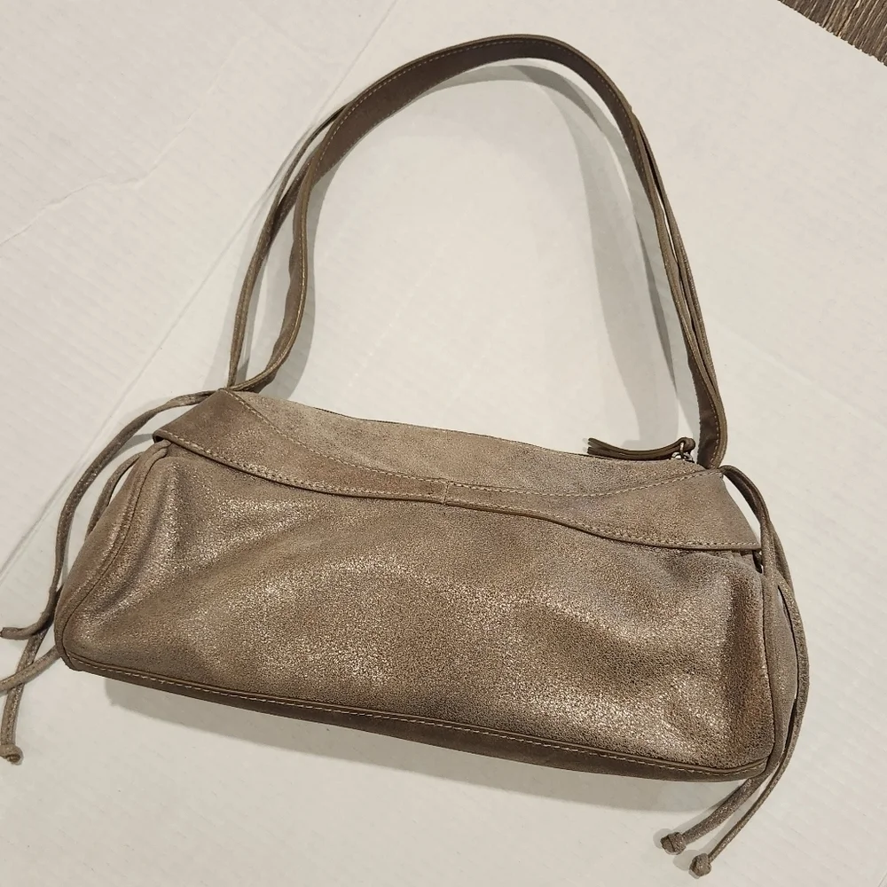 Sondra Roberts Bronze Metallic Bow detail purse Suede Fringe Thick strap